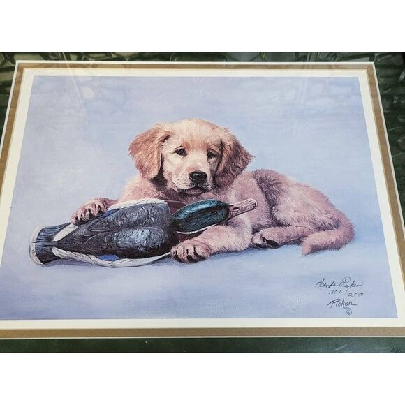 Vintage Linda Picken Signed/Numbered Golden Retriever Puppy with Duck - Picture 7 of 7